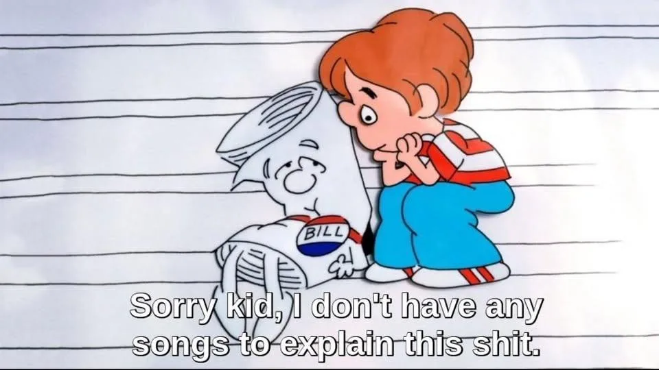 A cartoon boy with red hair and a striped shirt kneels beside a large, anthropomorphic white bag labeled 'BILL' that has a…