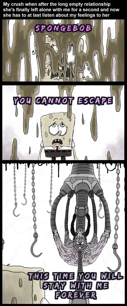 The image is a three-panel comic featuring SpongeBob SquarePants in a dark, dripping cave-like setting. In the first panel…