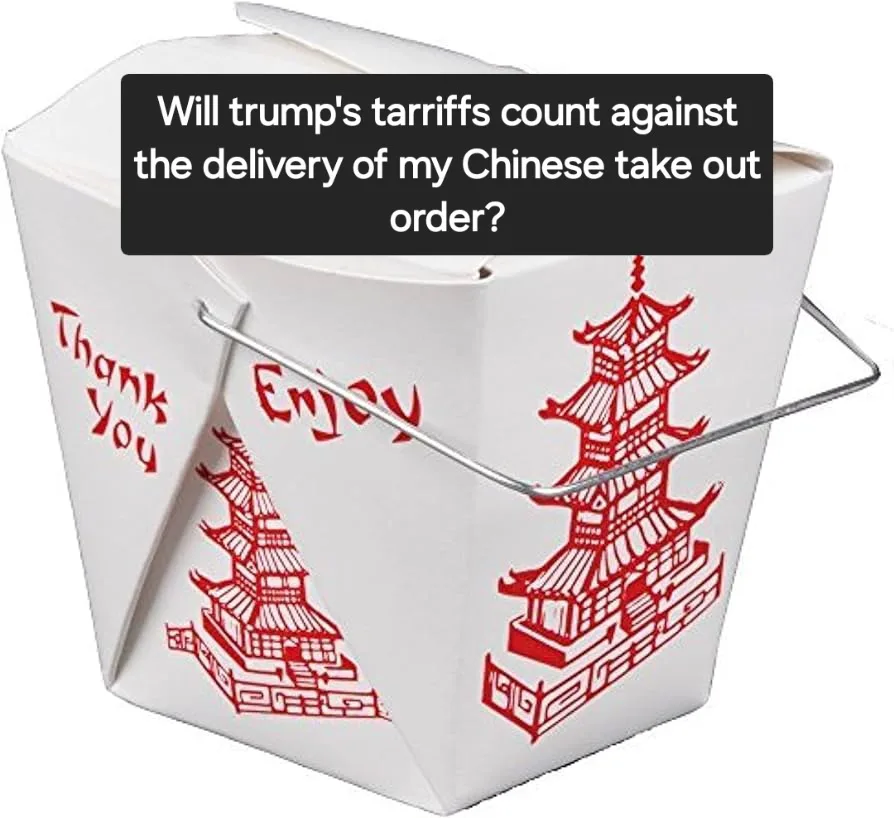 A white Chinese takeout box with red ink designs of pagodas and the words 'Thank You' and 'Enjoy' is shown. A black text box…