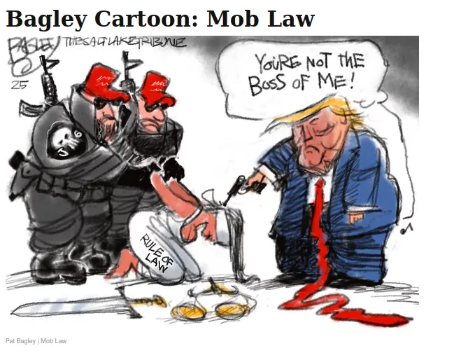 A cartoon depicts Donald Trump kneeling and defiantly shouting 'YOU'RE NOT THE BOSS OF ME!' while two armed men in red hats…