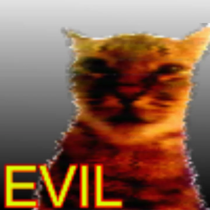 A heavily pixelated and distorted image of a cat's face and upper body, with the word 'EVIL' in large, glowing yellow text…