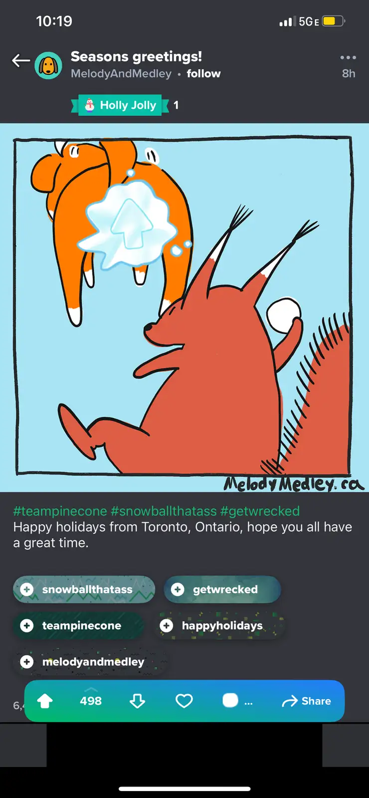 A cartoon drawing shows a red fox-like creature with white-tipped ears and tail, holding a snowball and looking up at an…