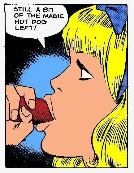A vintage comic book panel shows a blonde girl with a blue bow in her hair, eating a red hot dog. A speech bubble above her…