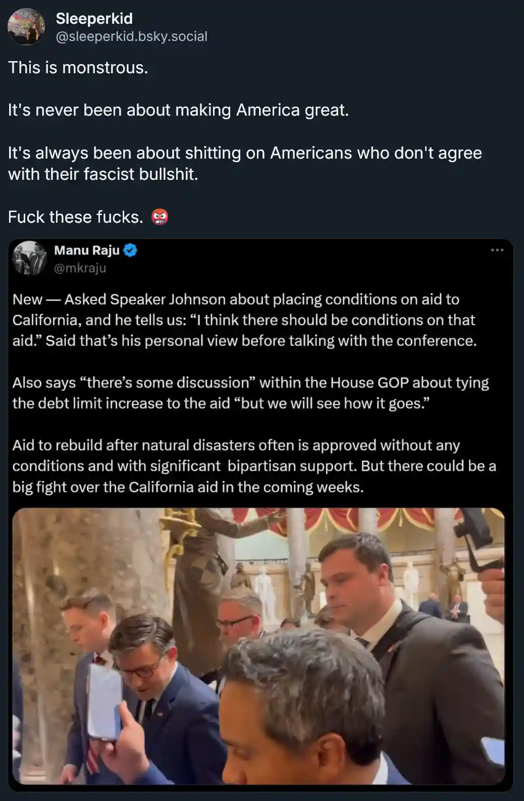 A screenshot of a social media post showing a tweet from Manu Raju about Speaker Johnson's comments on placing conditions on…