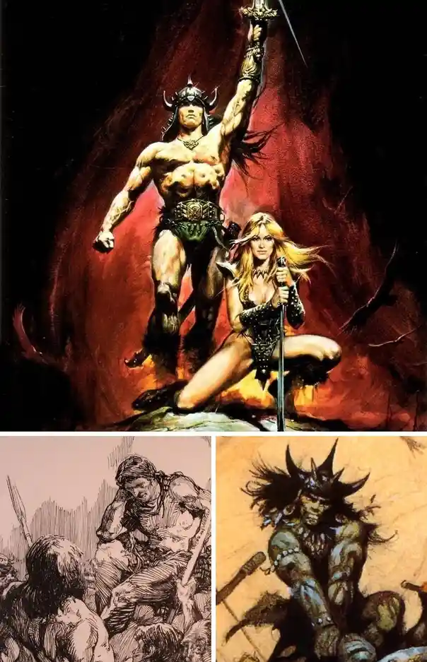 A composite image featuring a top panel of a muscular, horned warrior holding a sword aloft beside a kneeling blonde woman…