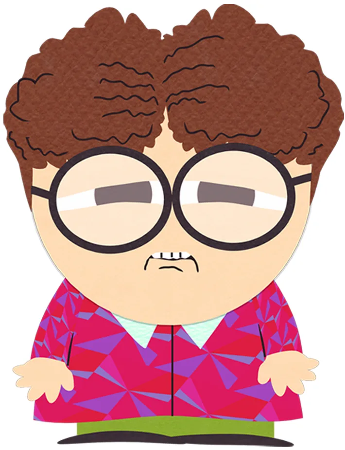 A cartoon character with brown curly hair, large round glasses, and a frowning expression, wearing a colorful…