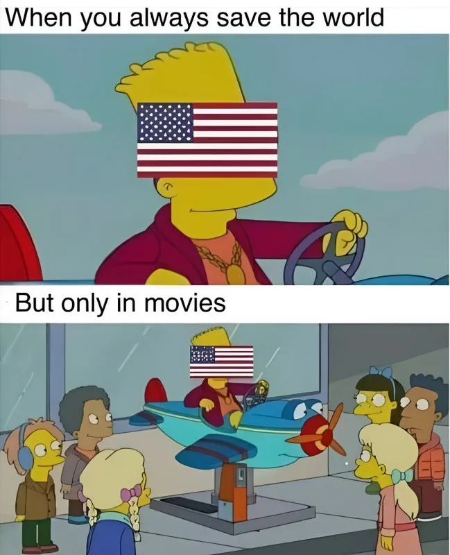 The meme features Bart Simpson in two panels. In the top panel, Bart is driving a car with an American flag covering his…