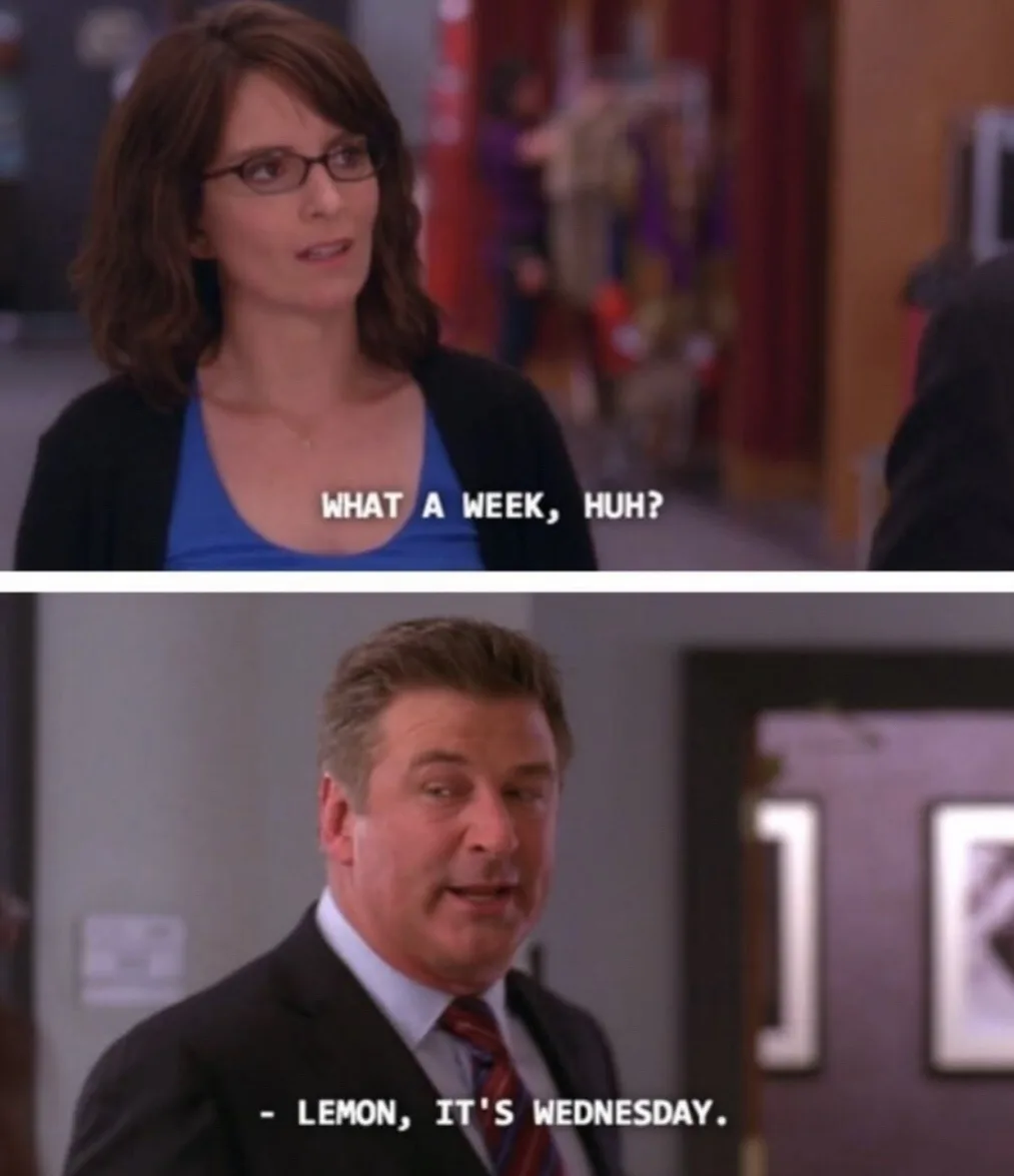 The image is a two-panel meme featuring a woman in glasses and a blue top asking 'WHAT A WEEK, HUH?' and a man in a suit…