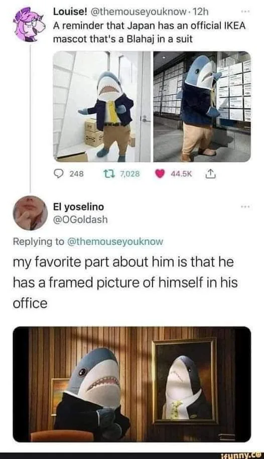 The image shows a Twitter thread where the first post features two photos of a person in a shark mascot costume, resembling…