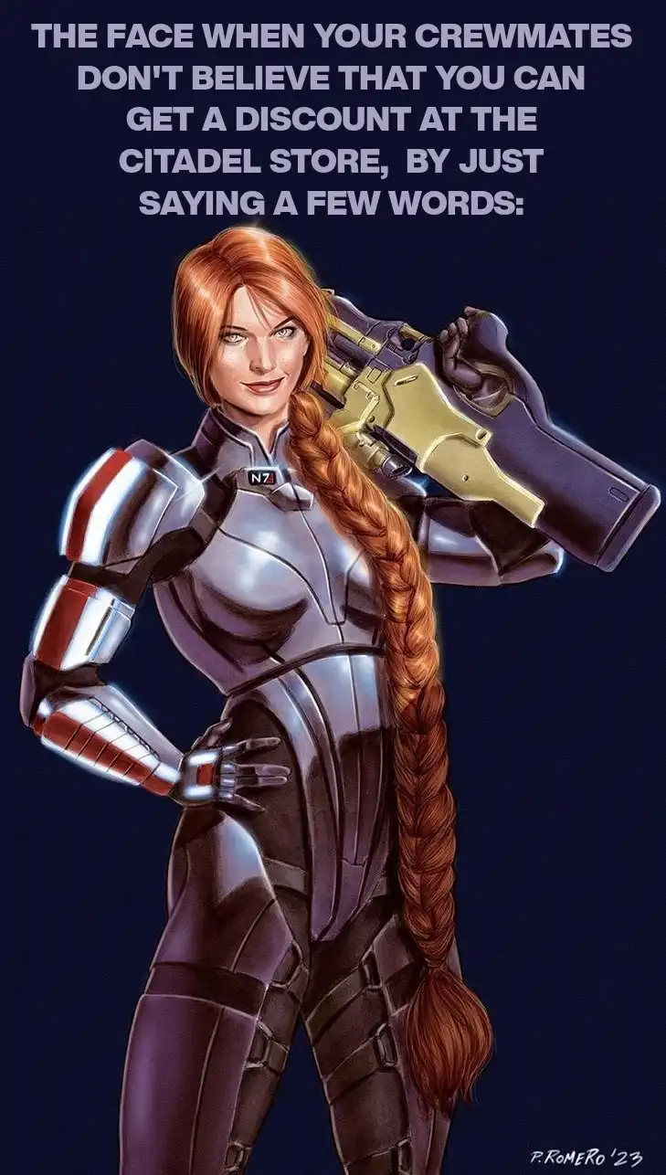 A female character in futuristic armor with a long red braid and a large gun slung over her shoulder, standing confidently…