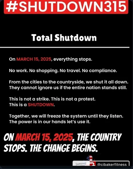 A black-background image displays a fictional 'Total Shutdown' plan dated March 15, 2025, with bold red and white text. It…