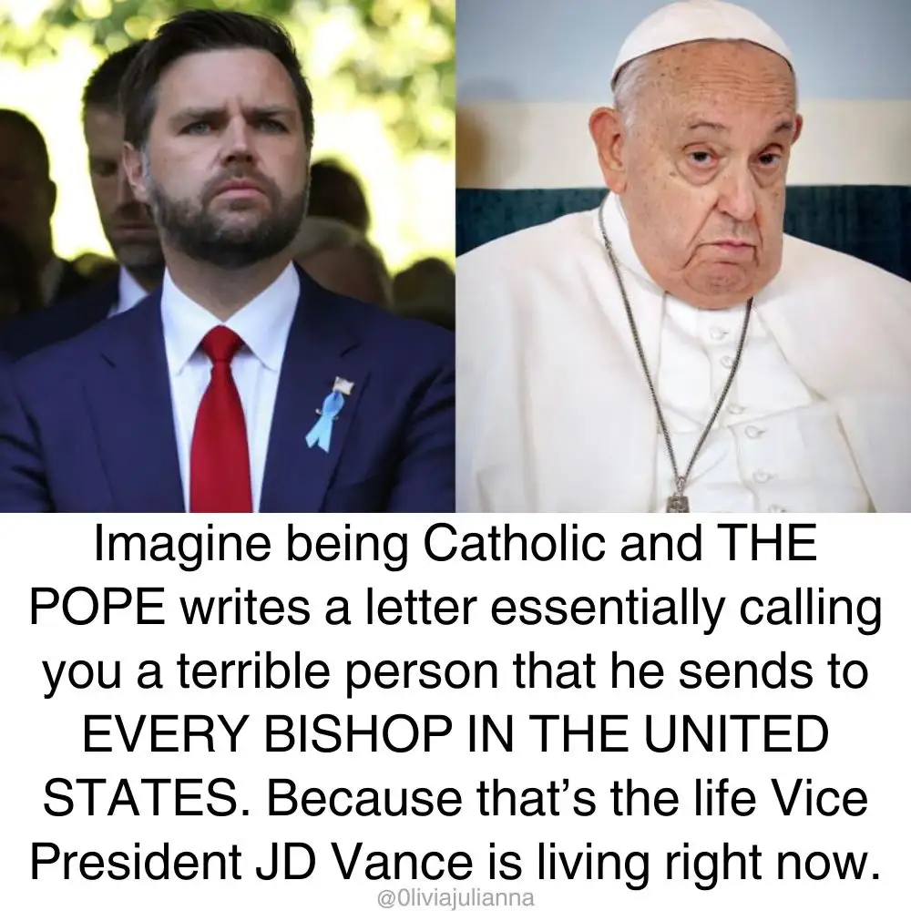 The image is a split-screen meme showing a man in a suit with a blue ribbon pin on the left and Pope Francis on the right…