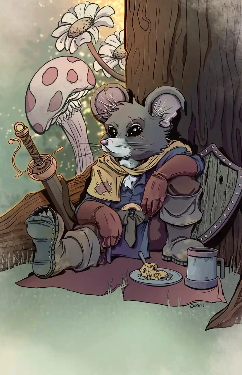 A cartoon mouse in adventurer gear sits relaxed by a tree, leaning on a shield with a sword beside it, eating a small meal…