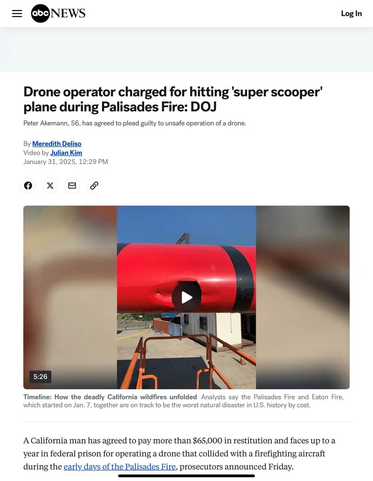 A screenshot of an ABC News article shows a video thumbnail of a red firefighting aircraft hose with a visible dent…