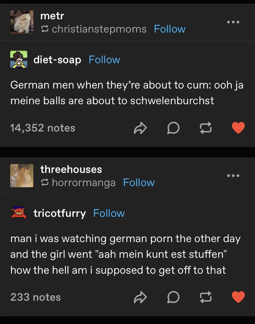 The image displays two Tumblr posts side-by-side. The top post by 'diet-soap' reads 'German men when they're about to cum…
