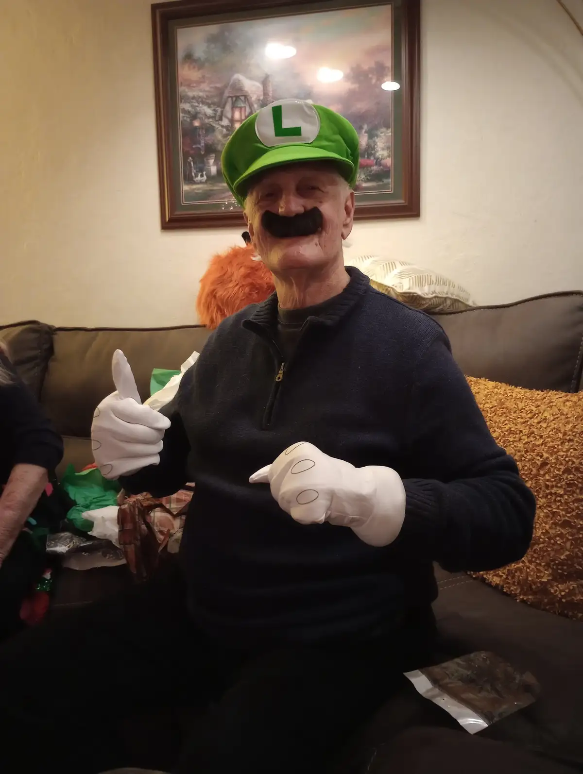 An elderly man sits on a couch wearing a green Luigi hat with an 'L' emblem, a fake black mustache, and white cartoon…