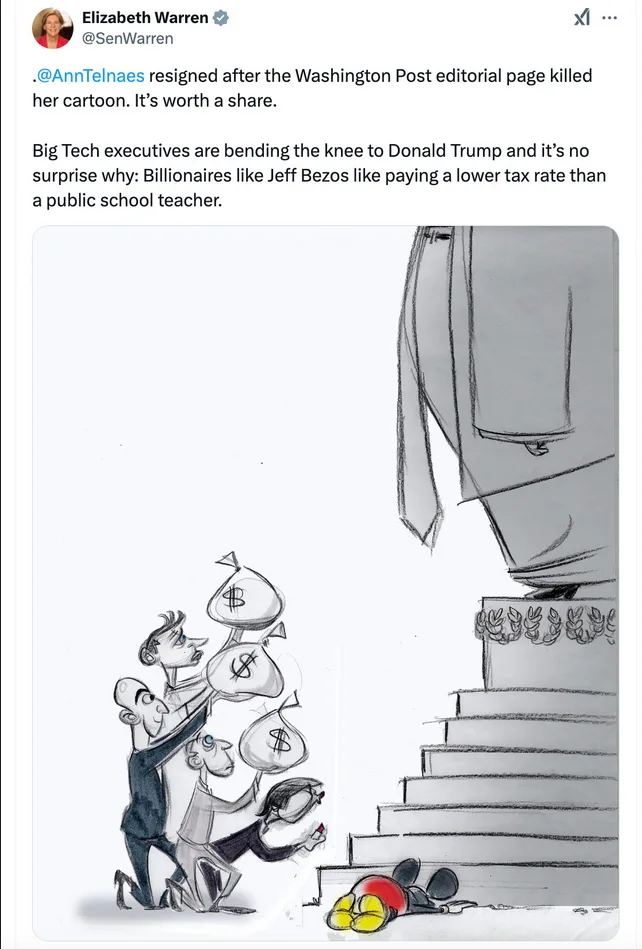A political cartoon shows three men in suits kneeling and carrying large sacks of money up a set of stairs toward a giant…