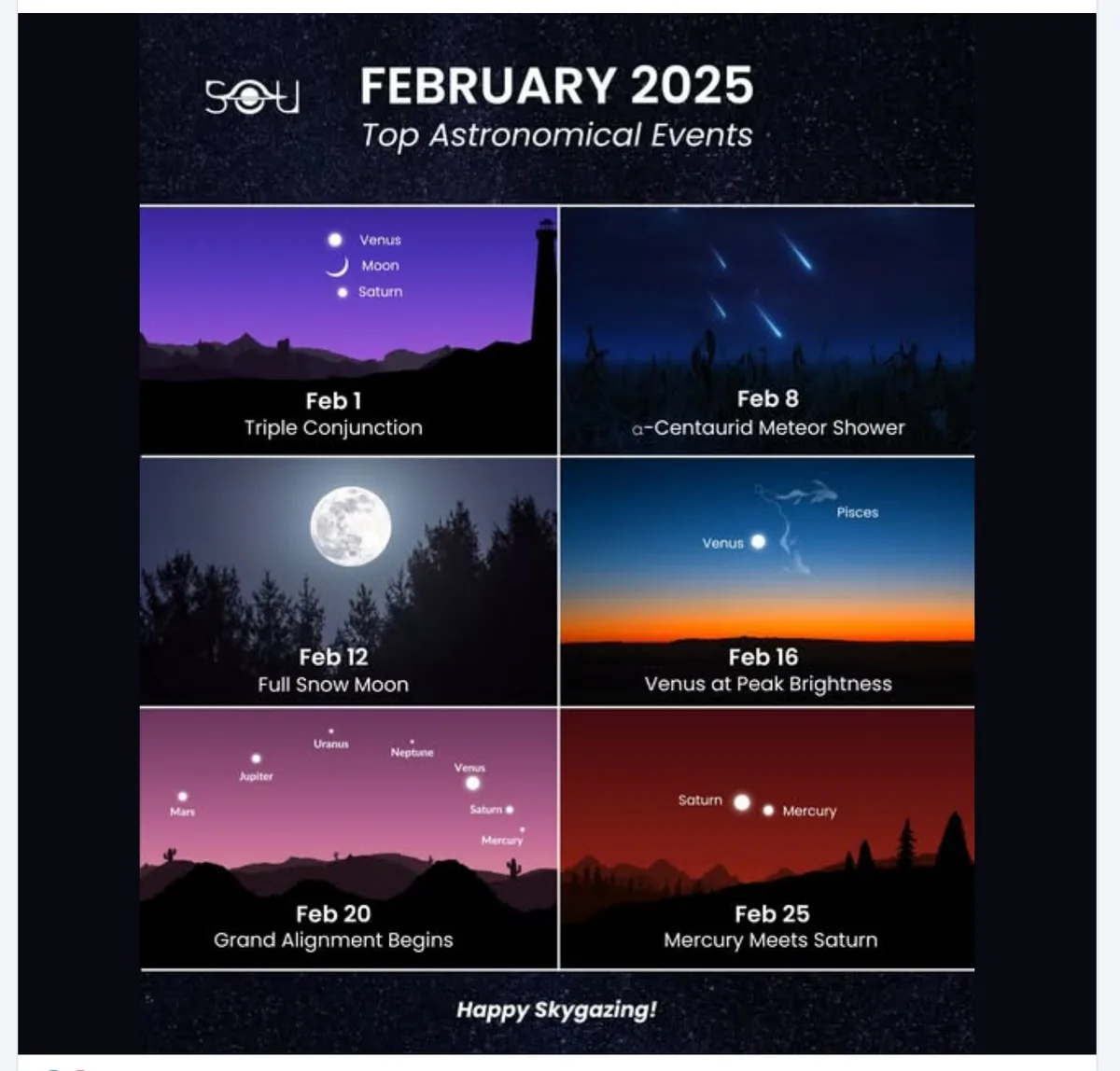 An infographic titled 'FEBRUARY 2025 Top Astronomical Events' displays six celestial events with corresponding sky scenes…