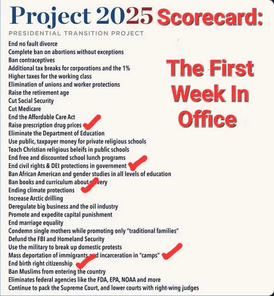 A document titled 'Project 2025 Scorecard' lists numerous policy proposals, many of which are controversial or extreme, such…