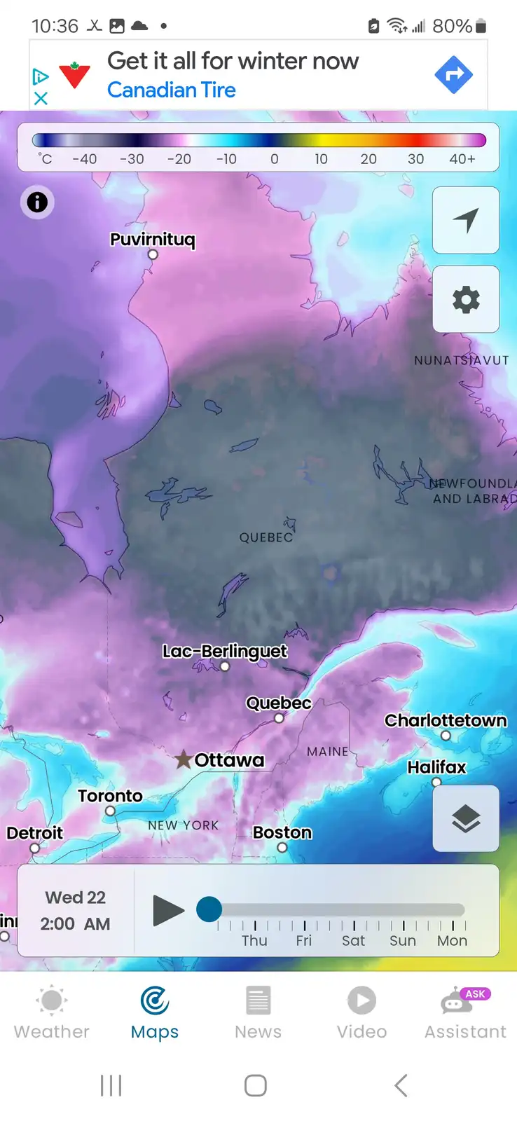 A weather map app screenshot showing extreme cold temperatures across Canada, with purple and blue areas indicating…