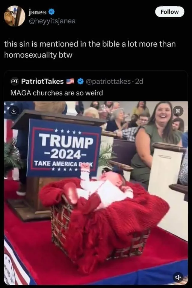 A baby in a red blanket lies in a wicker basket on a stage next to a 'TRUMP-2024-TAKE AMERICA BACK' podium. A woman in the…
