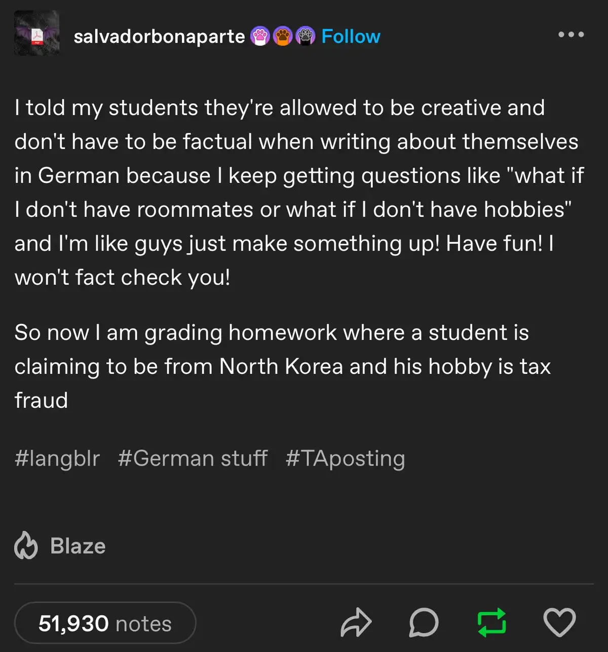 A screenshot of a Tumblr post by user 'salvadorbonaparte' detailing a teacher's assignment where students write creatively…
