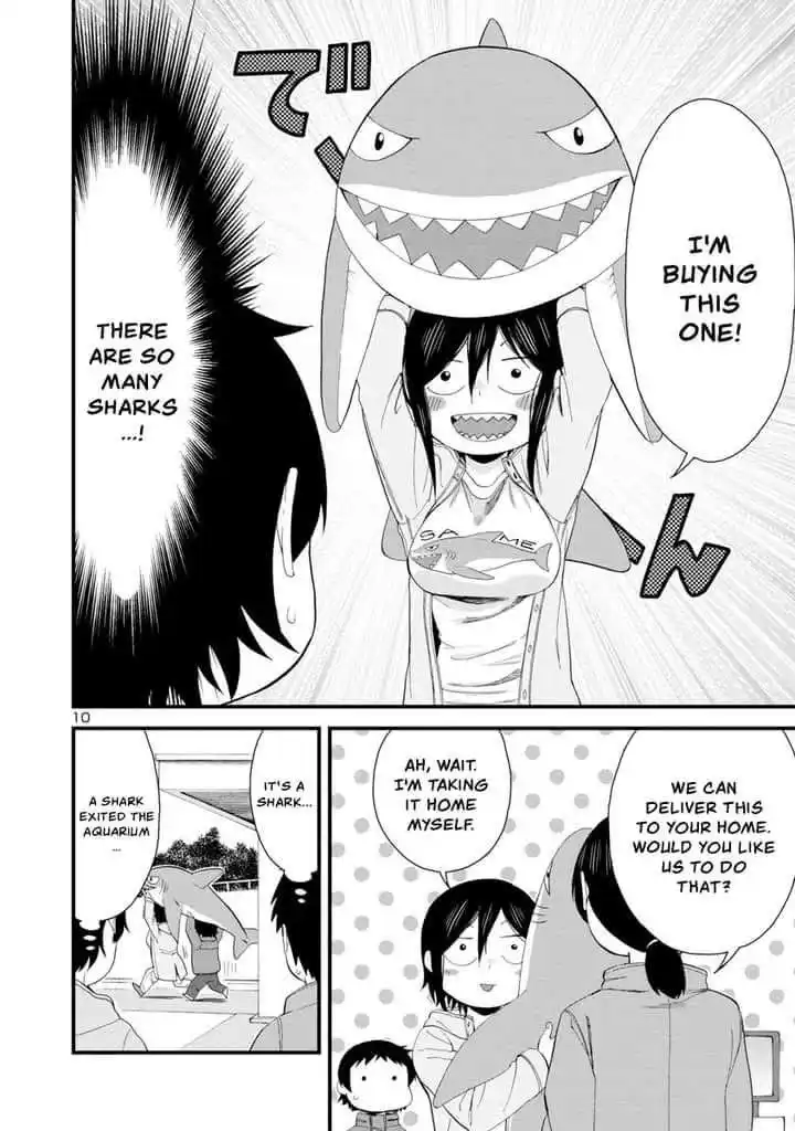 A manga panel shows a girl wearing a giant shark head costume, exclaiming she's buying it. Another character panics about…