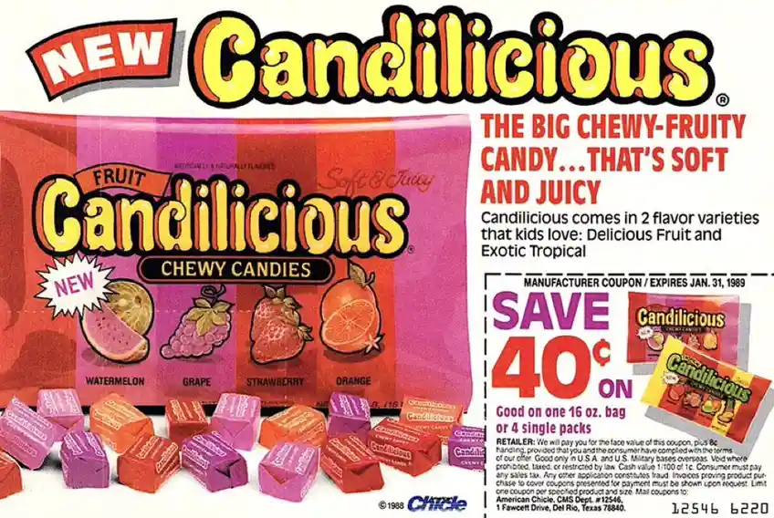 An old 1989 print advertisement for 'Candilicious' chewy fruit candies, showing a colorful bag with illustrations of…