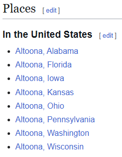 A screenshot of a Wikipedia 'Places' page listing 'Altoona' in multiple U.S. states, with each entry hyperlinked. The text…