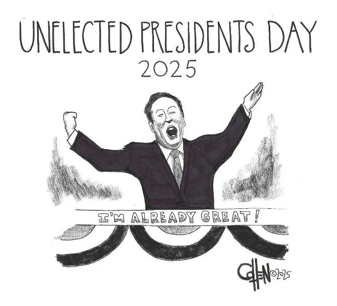 A black-and-white political cartoon shows a caricature of Donald Trump in a suit, arms raised triumphantly, standing behind…