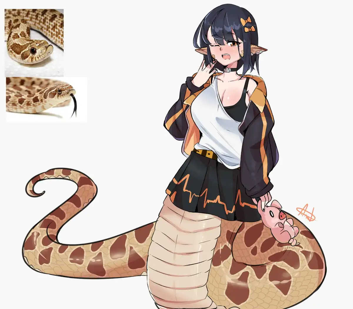 An anime-style illustration of a young woman with dark hair, pointed ears, and a snake-like tail, wearing a white top, black…