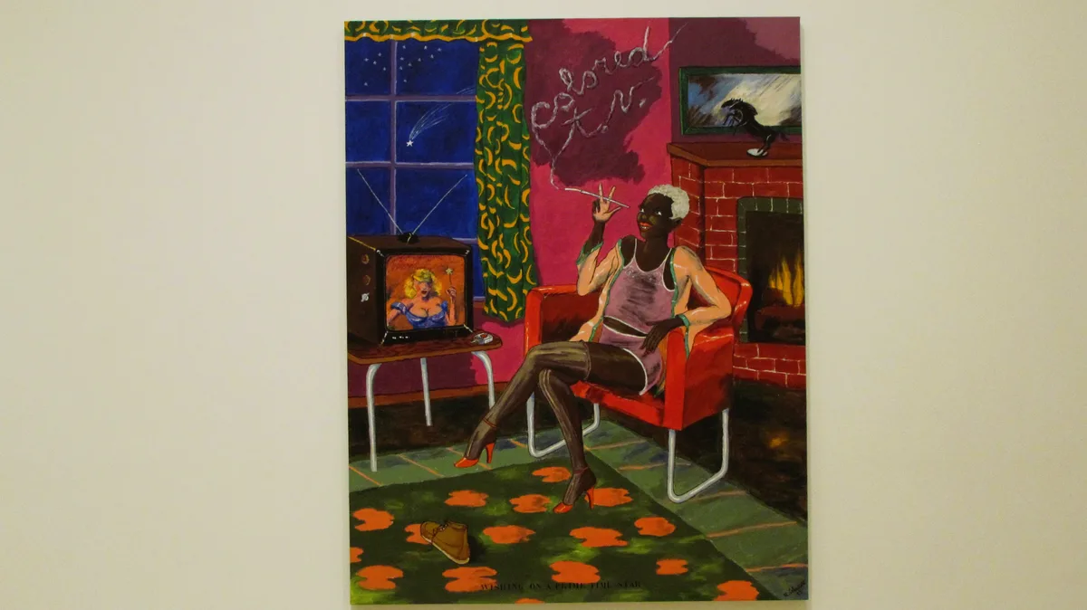 A vintage-style painting depicts a Black woman with short white hair lounging in a red chair, smoking a cigarette, while…