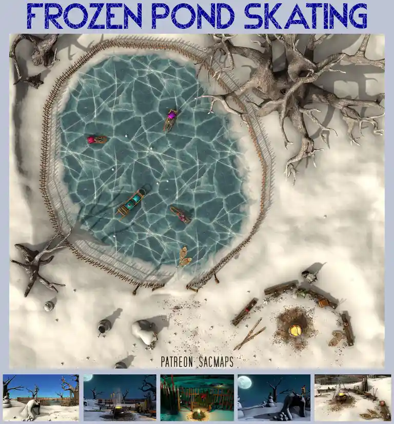 An overhead view of a circular frozen pond surrounded by snow, bare trees, and a wooden fence, with several tiny figures on…