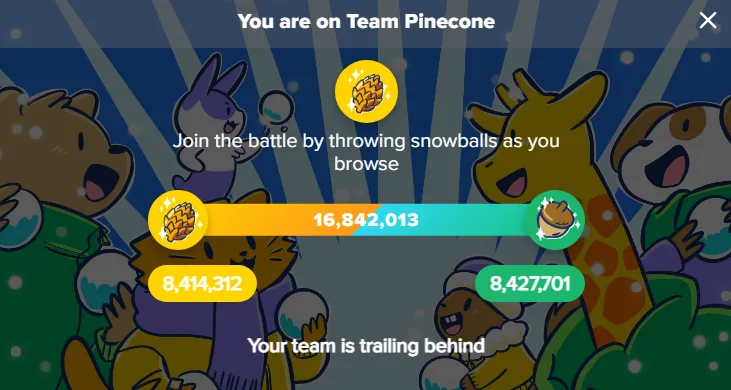 A screenshot from a browser game interface showing a snowy battle scene with cartoon animals. The player is on 'Team…