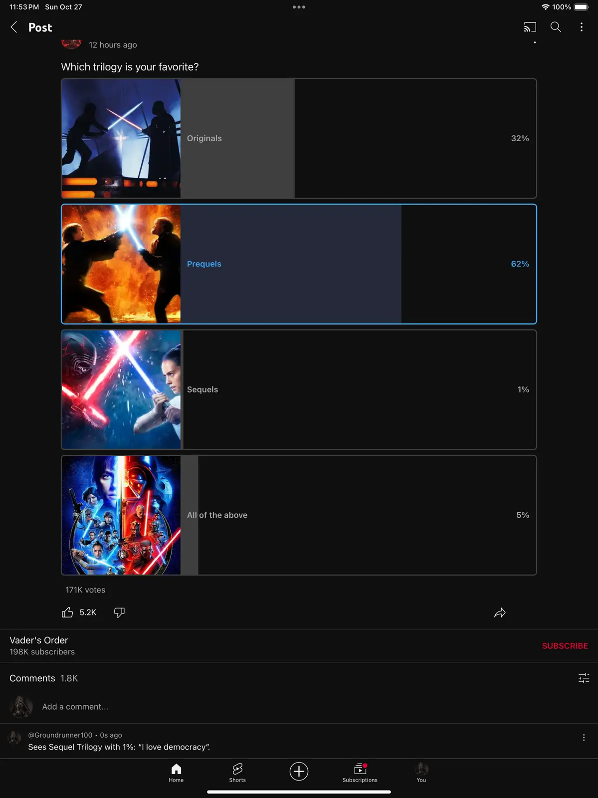A poll screenshot from a YouTube channel titled 'Vader's Order' shows results for 'Which trilogy is your favorite?' with…