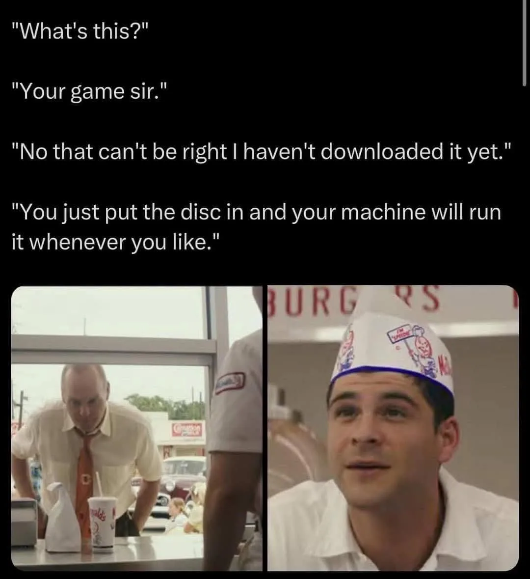 The image is split into two panels. The left panel shows a man in a McDonald's uniform leaning over a counter, looking…