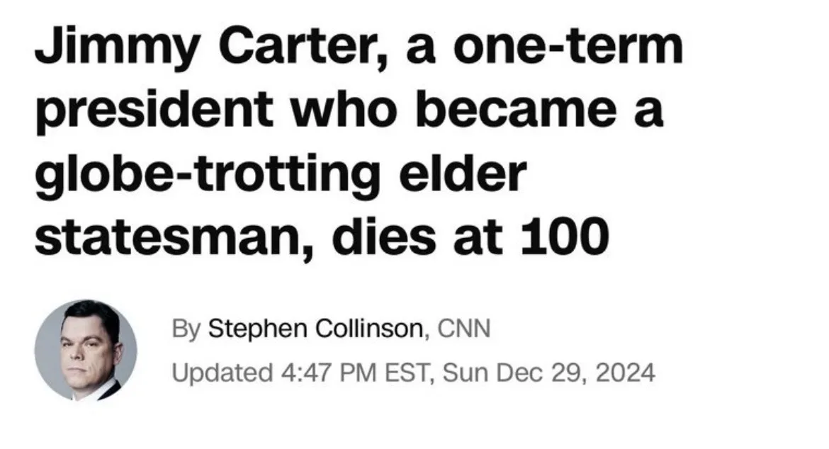 The image displays a screenshot of a CNN news article by Stephen Collinson, dated December 29, 2024, announcing the death of…