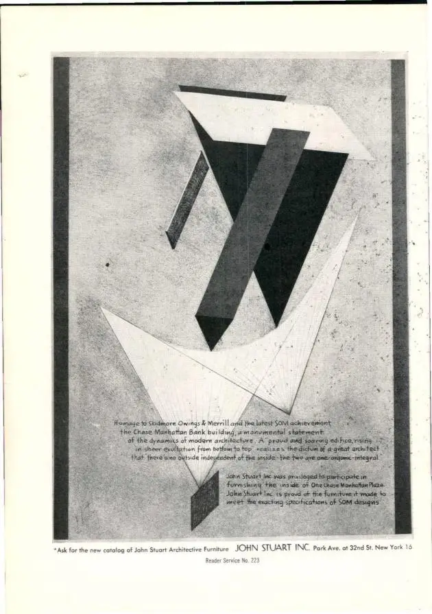 a vintage black-and-white advertisement for John Stuart Inc. furniture, featuring a stylized abstract geometric design…