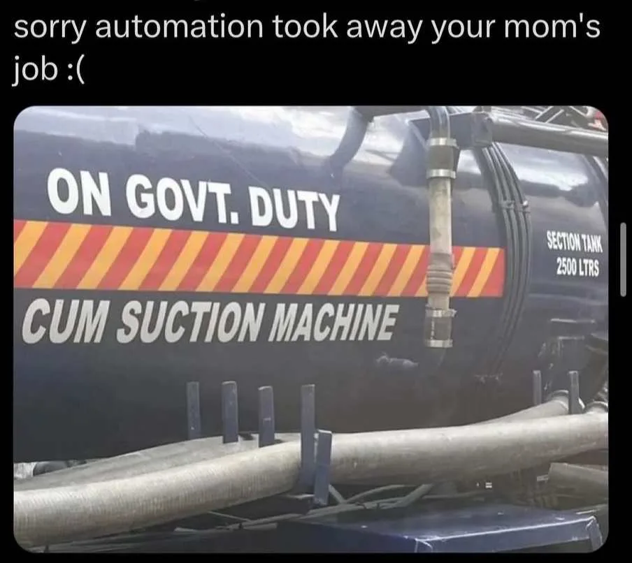 A close-up photo of a dark blue industrial suction machine with white text reading 'ON GOVT. DUTY' and 'CUM SUCTION…