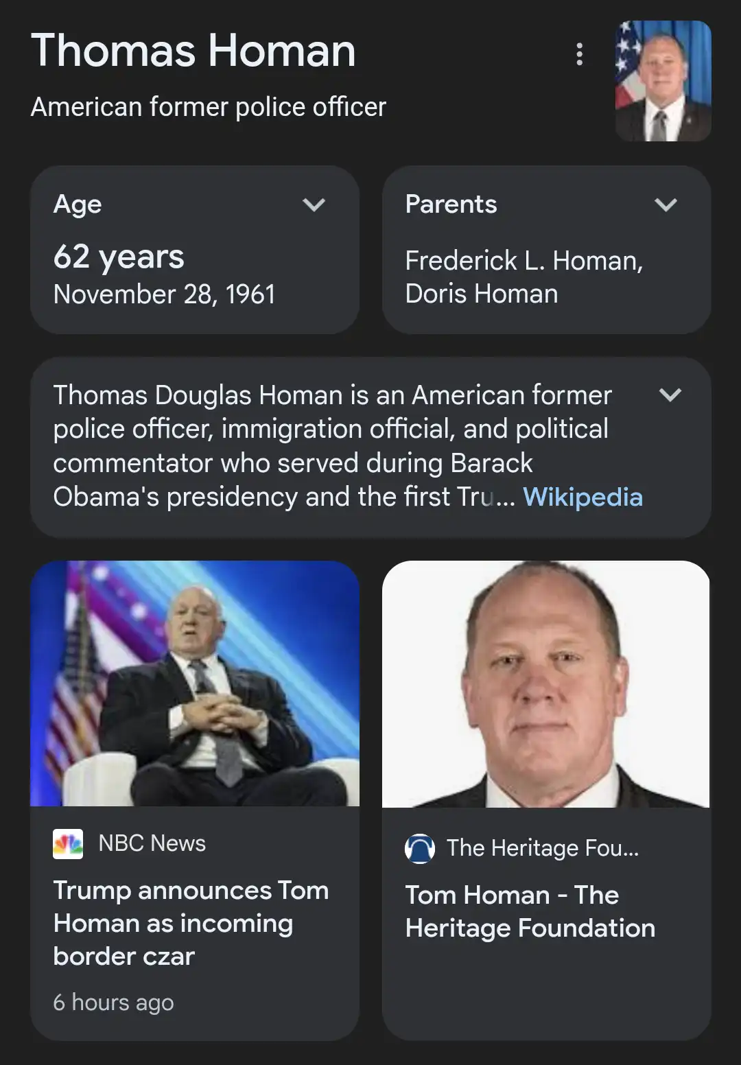 A screenshot of a Wikipedia-style profile for Thomas Homan, an American former police officer, showing his age, parents, and…