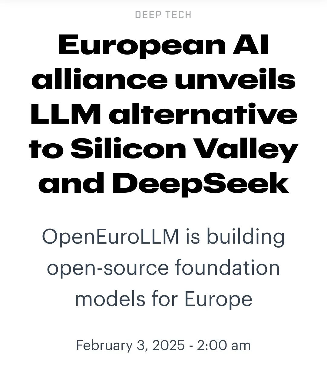 The image displays a news article headline from 'DEEP TECH' announcing that a European AI alliance is unveiling an LLM…