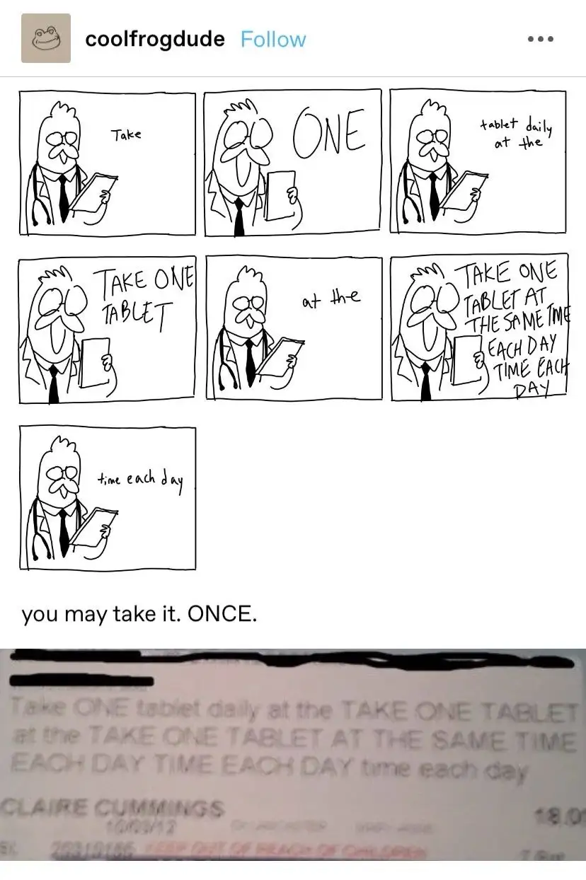 A comic strip shows a doctor writing a prescription, progressively adding more text to the instruction 'Take ONE tablet…