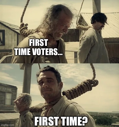 Two-panel meme featuring characters from the movie 'The Magnificent Seven'. Top panel shows a man with a rope around his…