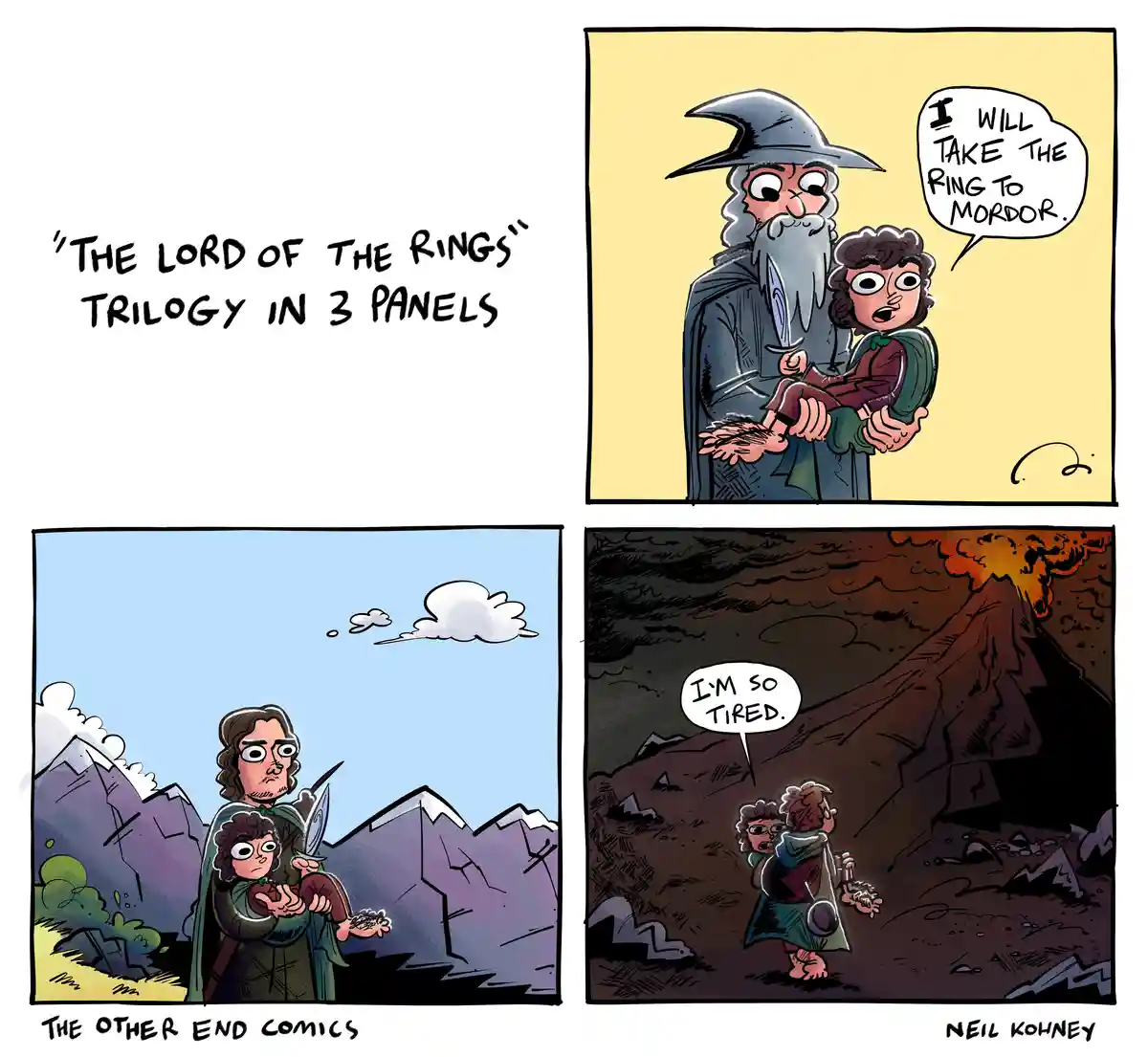 A three-panel comic titled 'THE LORD OF THE RINGS TRILLOGY IN 3 PANELS' shows a wizard carrying a child who declares they…