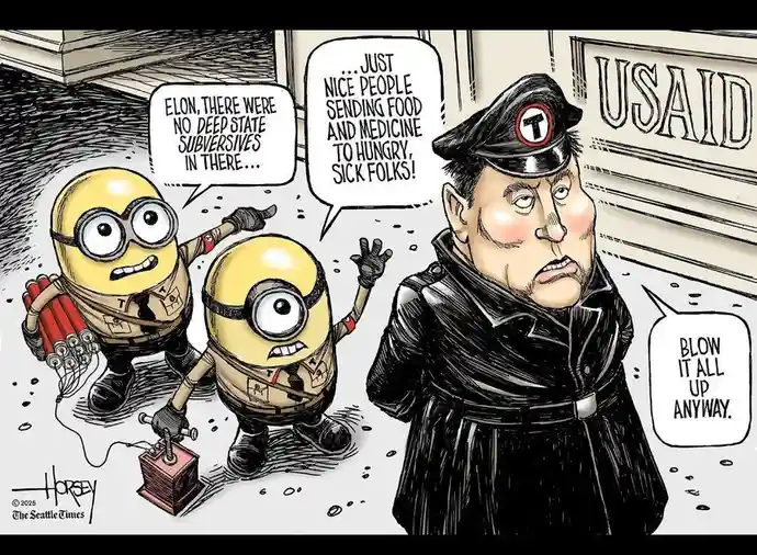 A political cartoon shows two Minions in Nazi-style uniforms holding a bomb and a detonator, speaking to a caricature of…