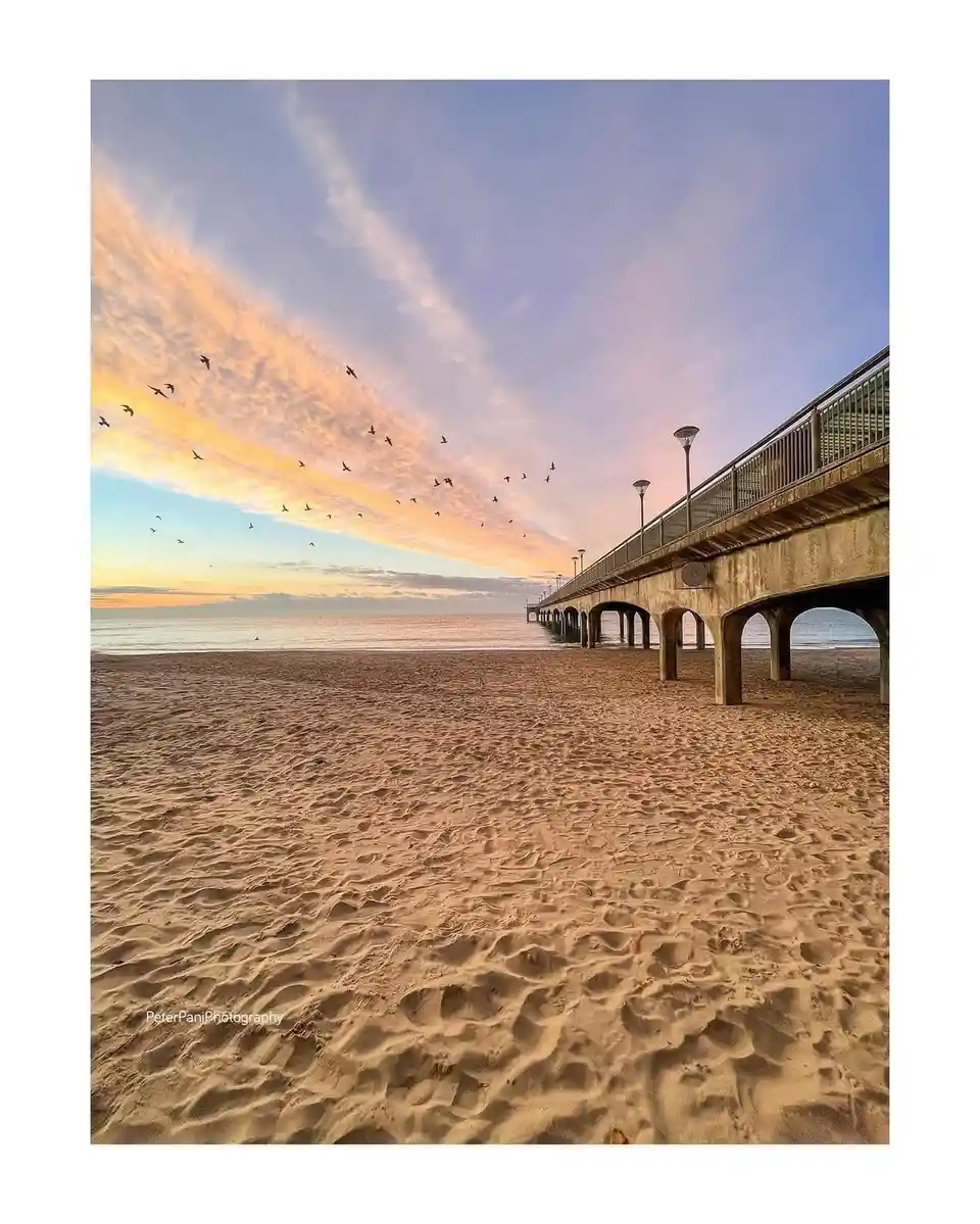 A serene beach scene at sunset with a long pier extending into the ocean, birds flying in formation across a colorful sky…