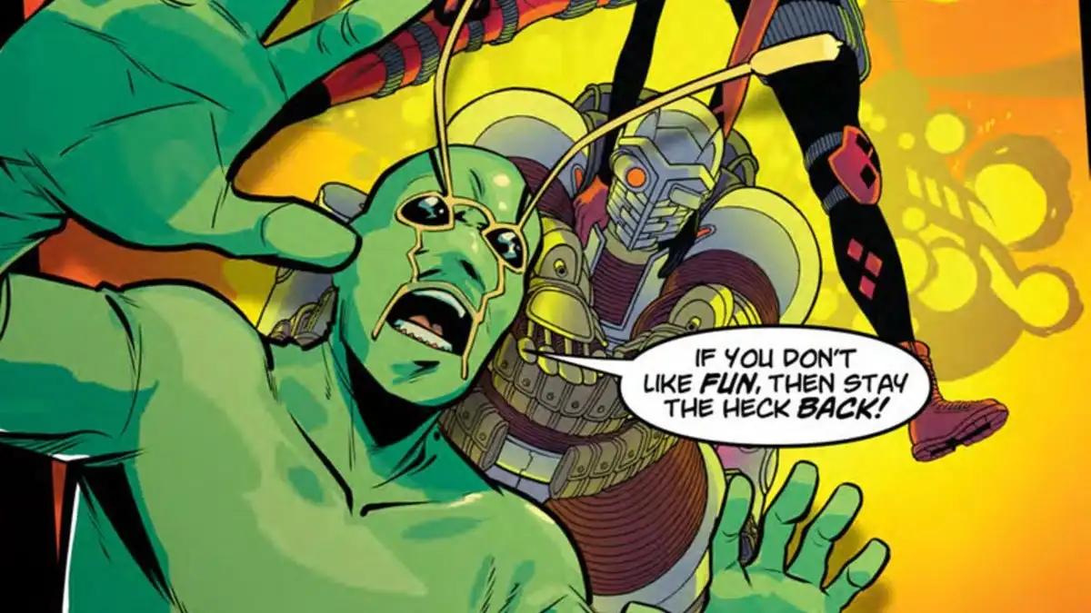 A comic panel shows a green-skinned character with antennae screaming while being grabbed by a large hand. Behind him, a…