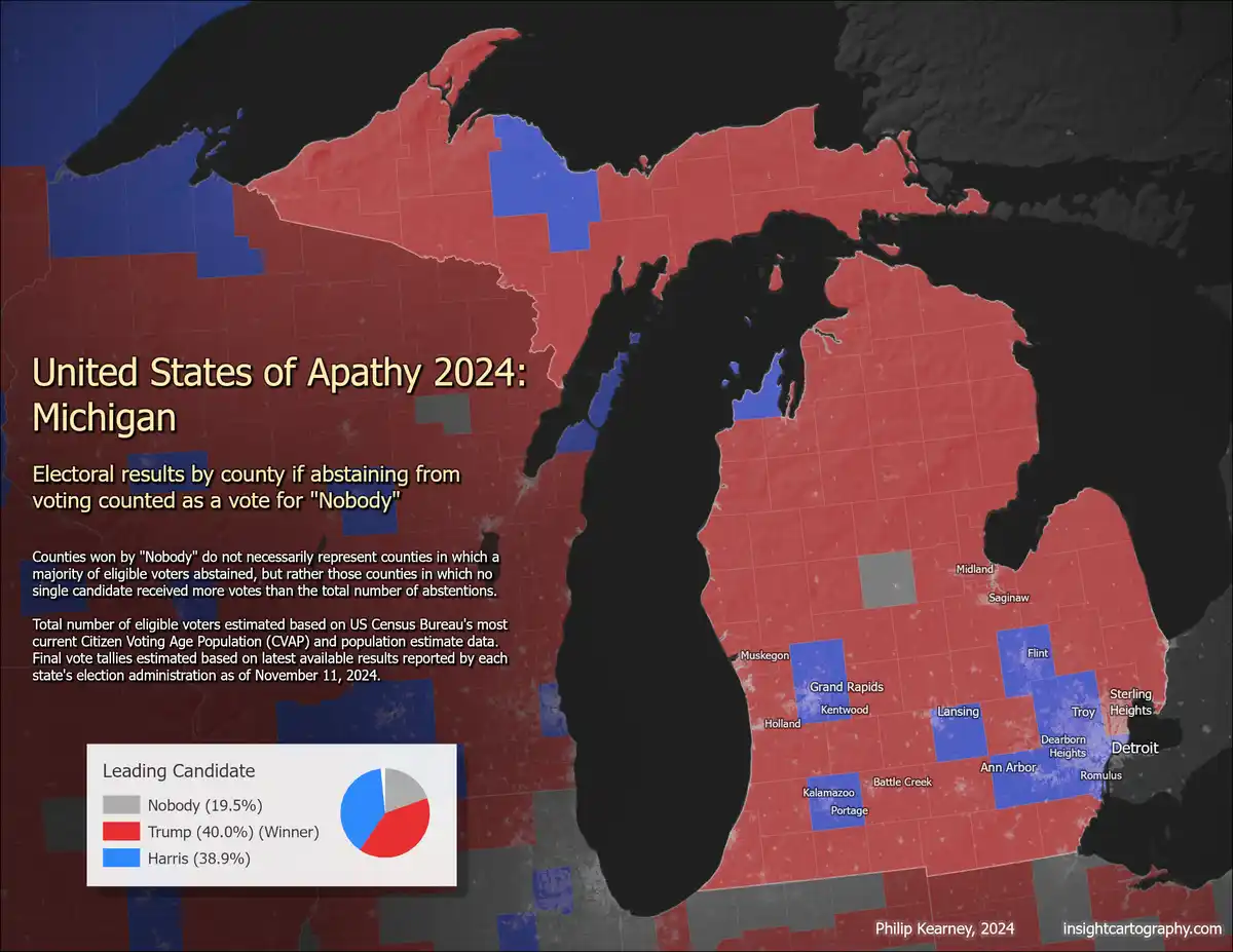 A map of Michigan colored red, blue, and gray, showing a fictional election where 'Nobody' wins in some counties due to…