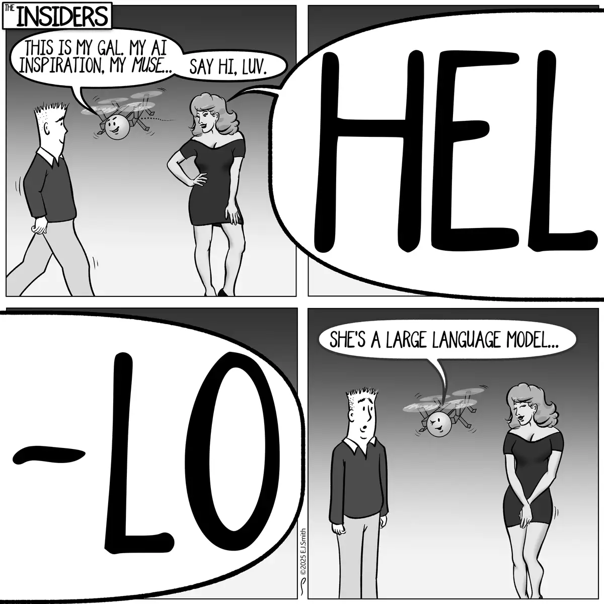 A black-and-white comic strip from 'The Insiders' shows a man introducing a woman as his 'AI inspiration, my muse' while a…