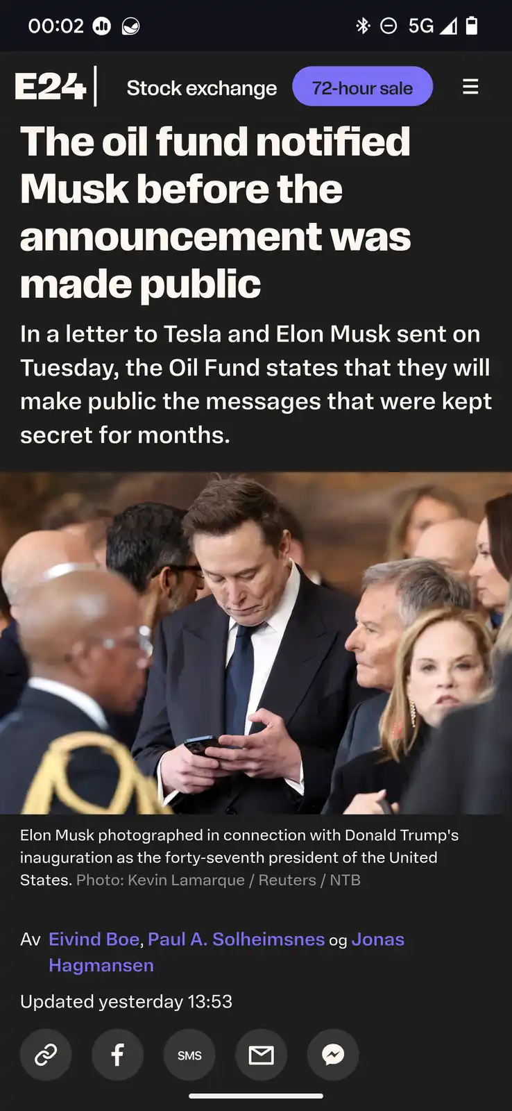 A screenshot of a news article from E24 about an oil fund notifying Elon Musk before a public announcement, overlaid on a…